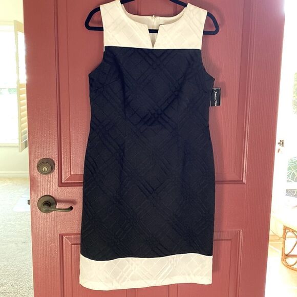 JESSICA HOWARD MISSY COLOR-BLOCK IVORY/BLACK SLEEVELESS SHEATH DRESS 12 NWT - Picture 11 of 14